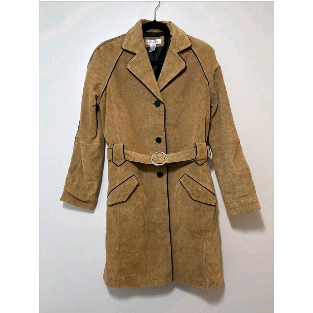 Vtg Newport News Women's L Genuine Leather Leopard Print Trench Coat Belt Y2K